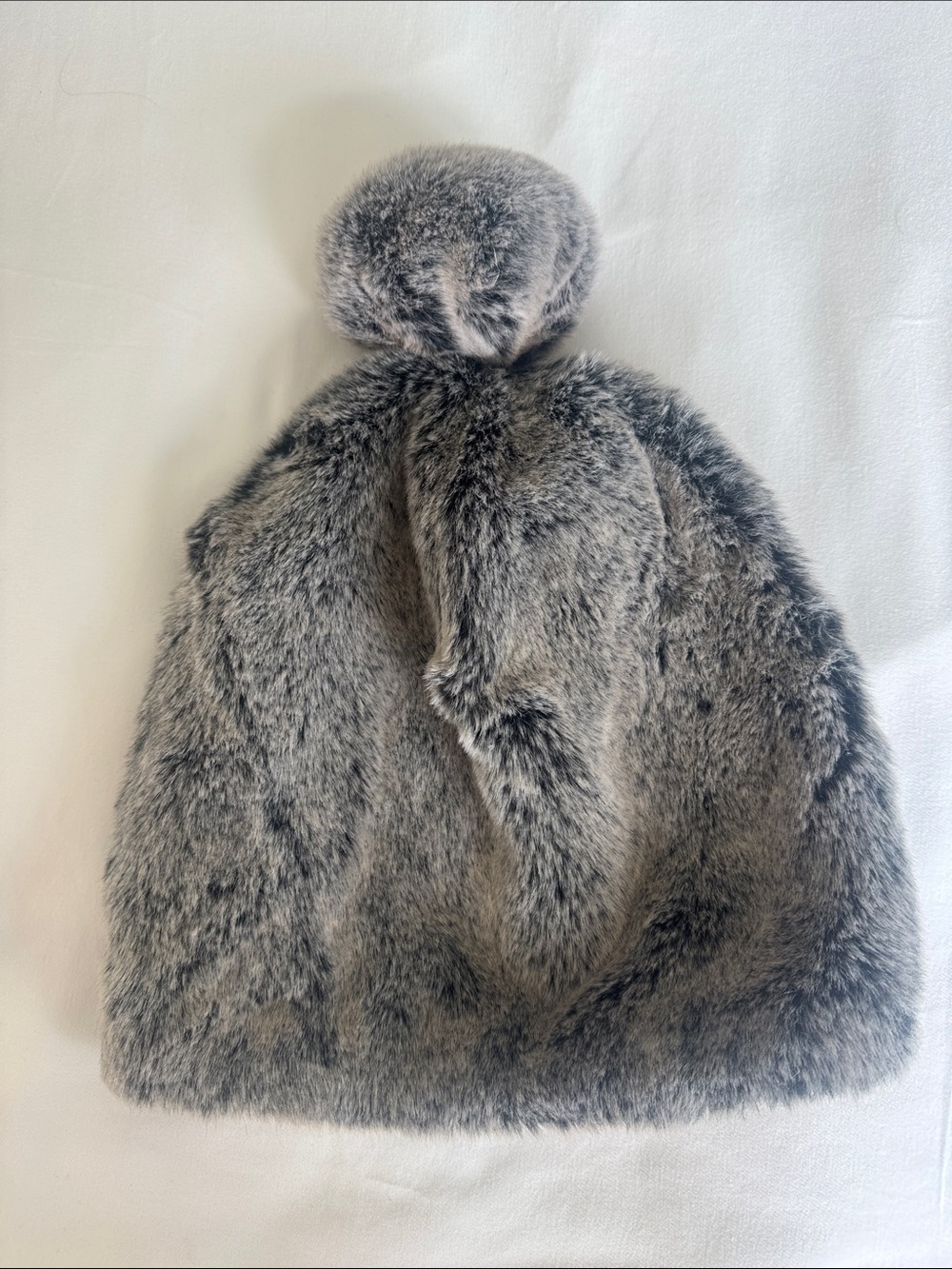 Plush Faux Fur Beanie with Pom Pom - Gray